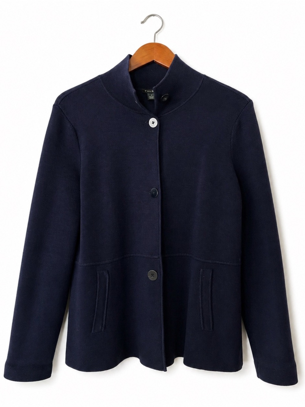 Talbots Petites Navy Knit Jacket LP Button Front Classic Quiet Luxury Blazer